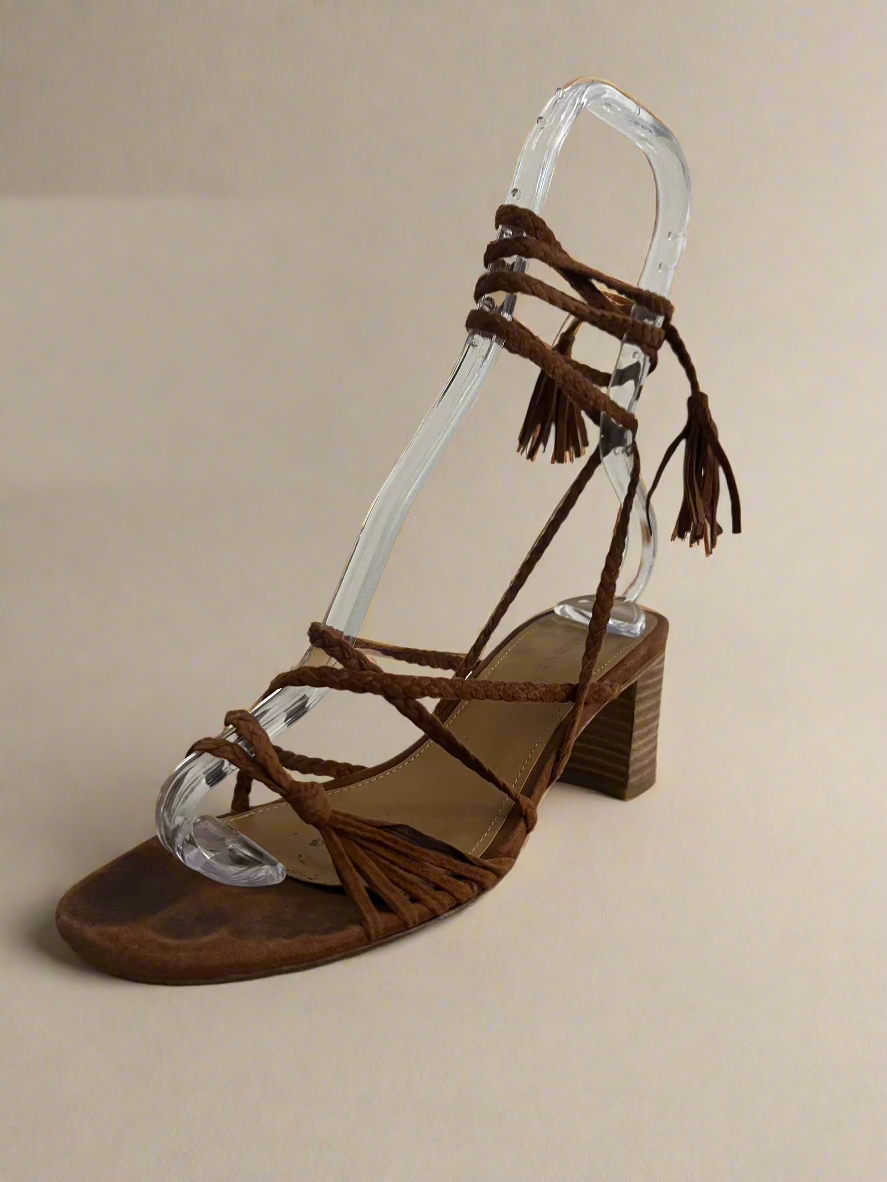Sigerson Morrison Haize Brown Suede Braided Wrap Up Heel Sandals - Size 38