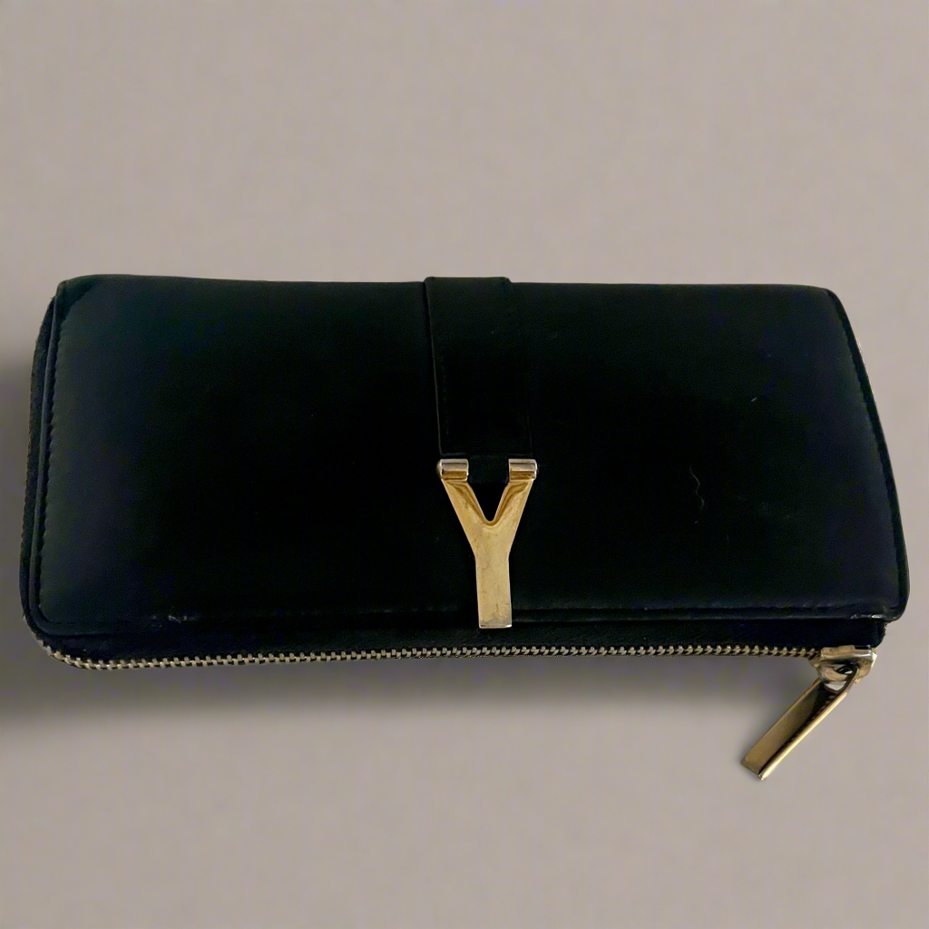 Saint Laurent Black Leather Chyc Zip Around Wallet