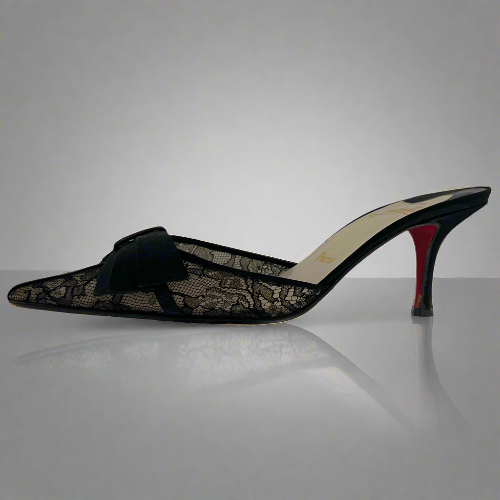 Christian Louboutin Black Lace and Satin High Heel Mules - Size 38