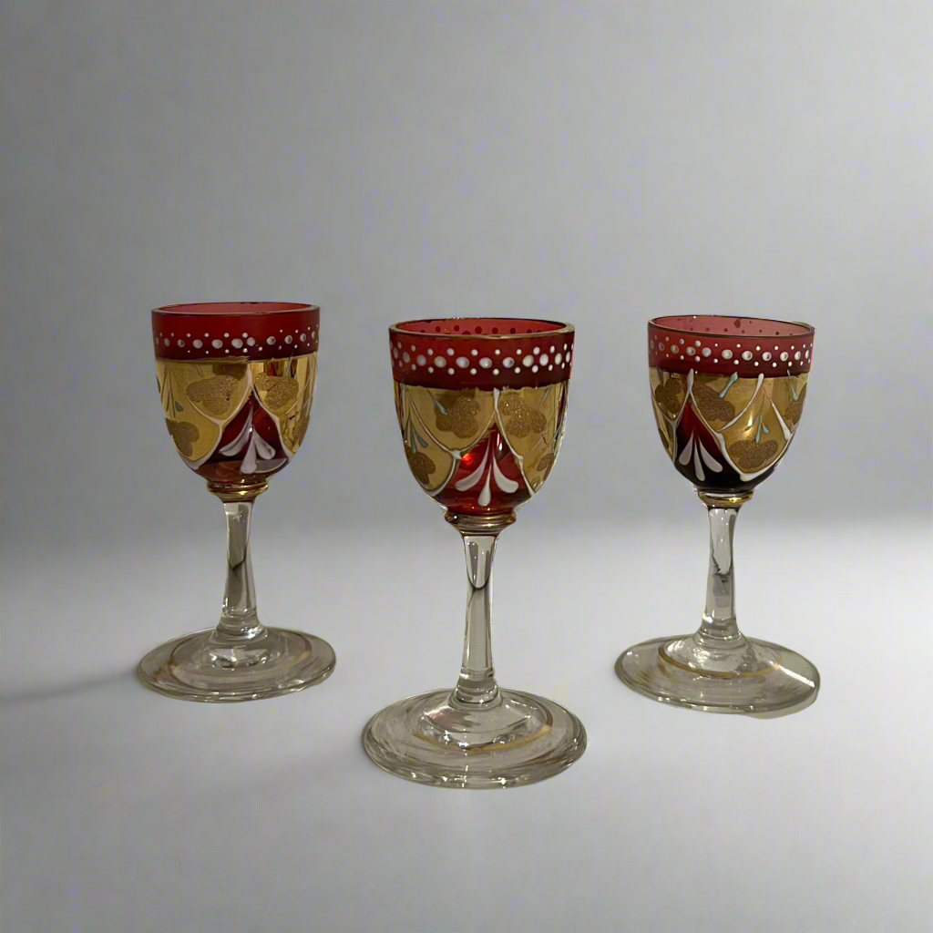 Vintage Bohemian Cranberry Handpainted Liqueur Glasses - Set of 3