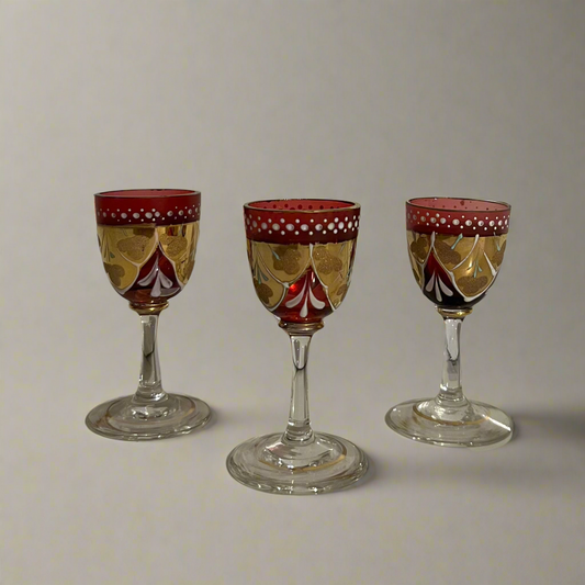 Vintage Bohemian Cranberry Handpainted Liqueur Glasses - Set of 3