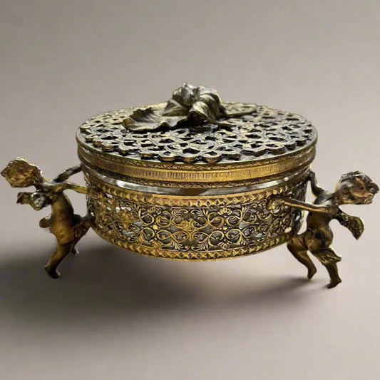 Vintage Hollywood Regency Style Gold Ormulu Vanity Box with Cherubs