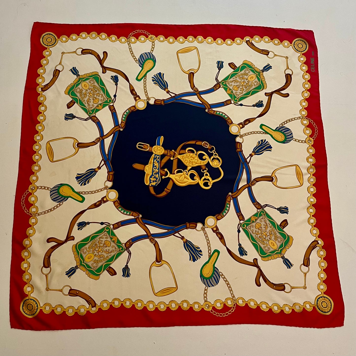 Vintage 1980's CELINE 33" Silk Scarf with Equestrian Motif