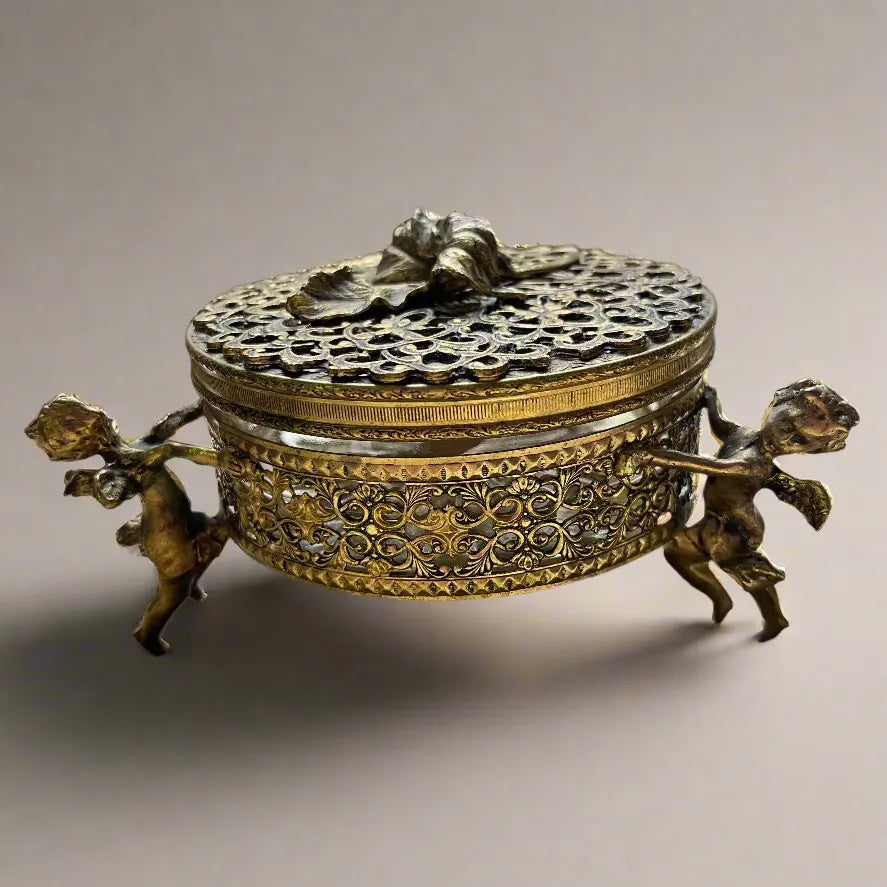 Vintage Hollywood Regency Style Gold Ormulu Vanity Box with Cherubs
