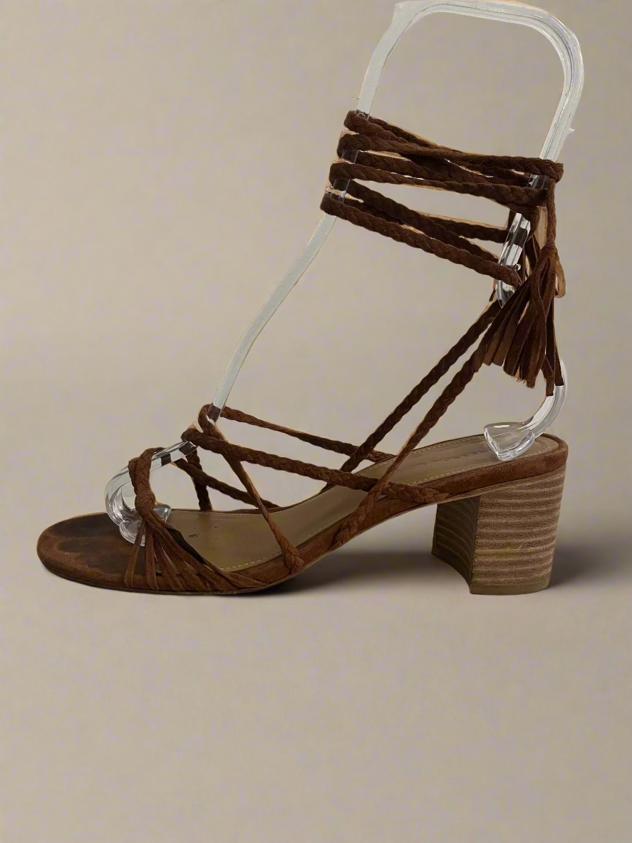 Sigerson Morrison Haize Brown Suede Braided Wrap Up Heel Sandals - Size 38
