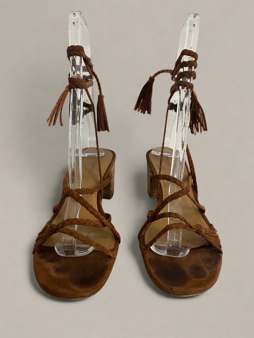 Sigerson Morrison Haize Brown Suede Braided Wrap Up Heel Sandals - Size 38