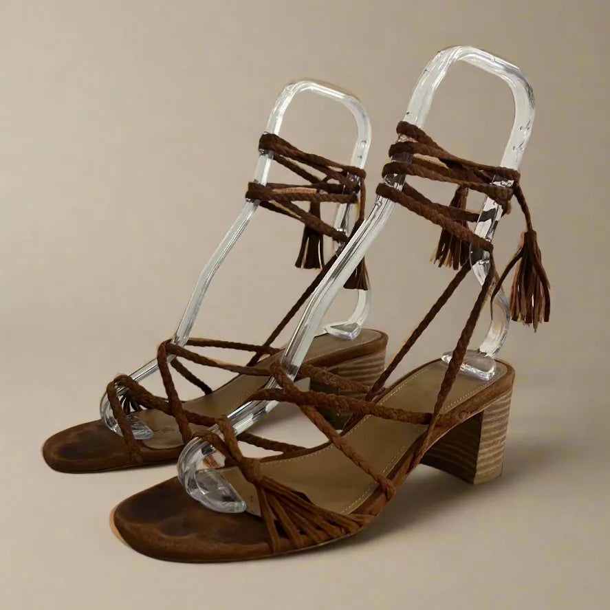 Sigerson Morrison Haize Brown Suede Braided Wrap Up Heel Sandals - Size 38