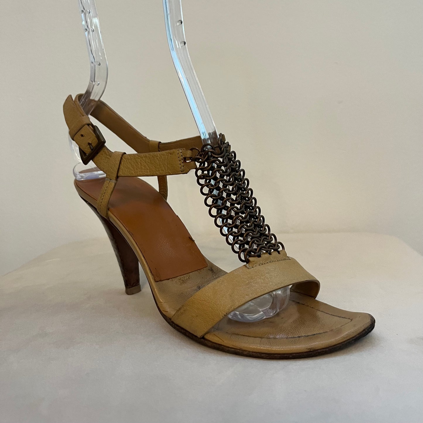 Prada Tan Leather Chainmail High Heeled Sandals - Size 36