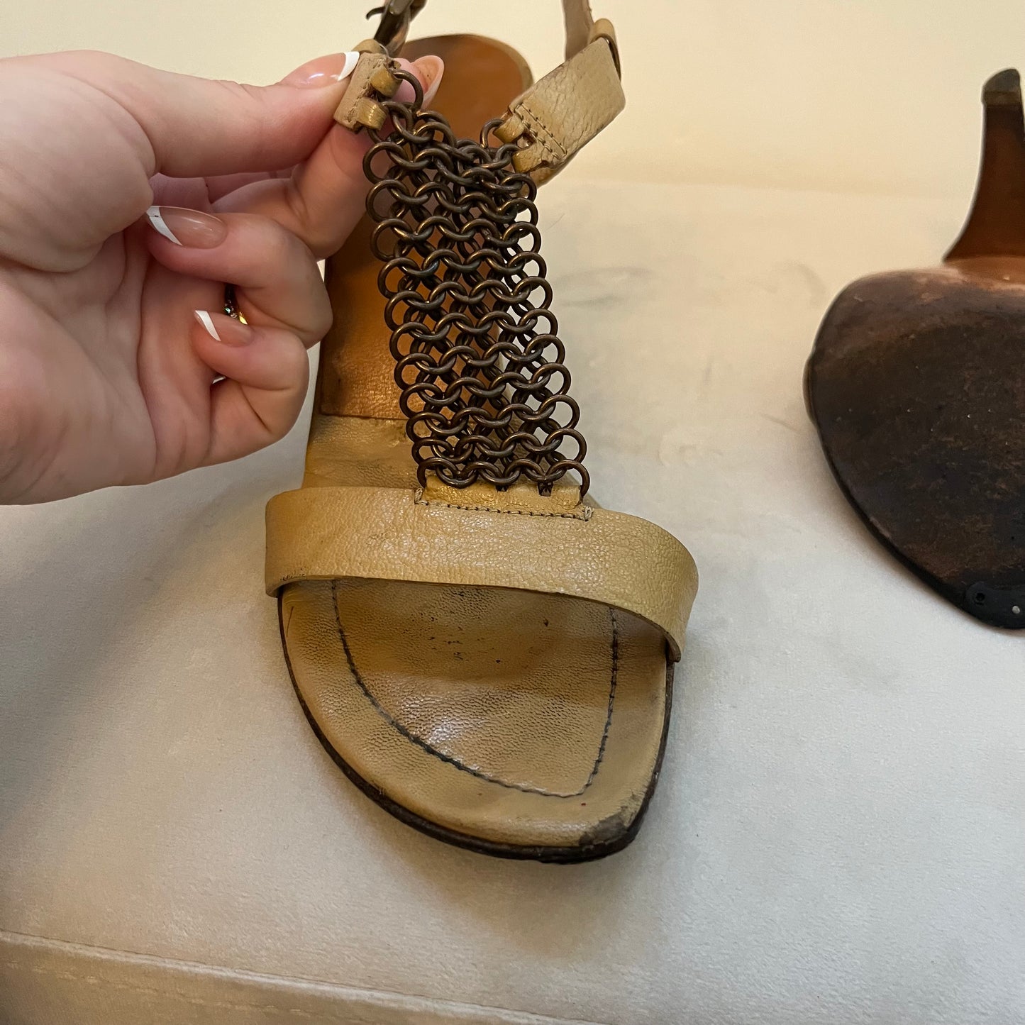 Prada Tan Leather Chainmail High Heeled Sandals - Size 36