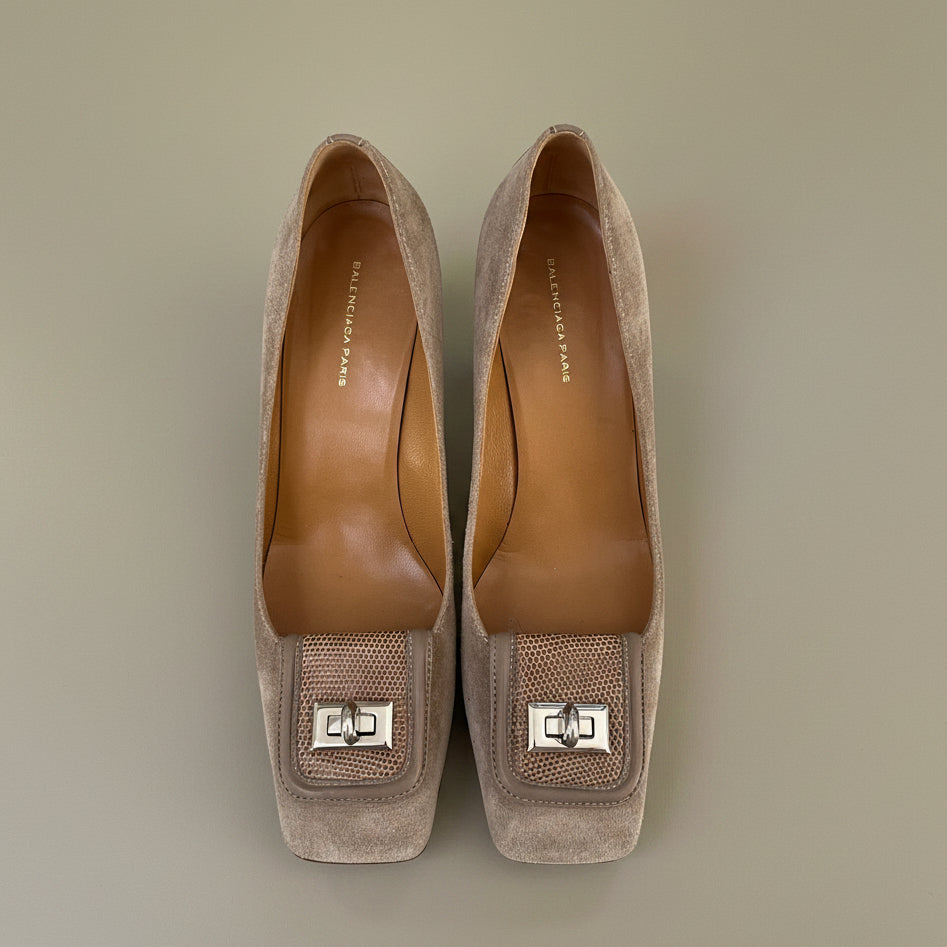 Balenciaga Tan Suede Square Toe Pumps - 38