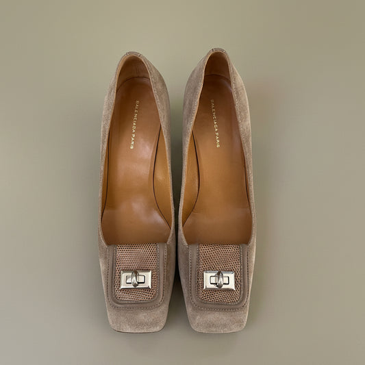 Balenciaga Tan Suede Square Toe Pumps - 38