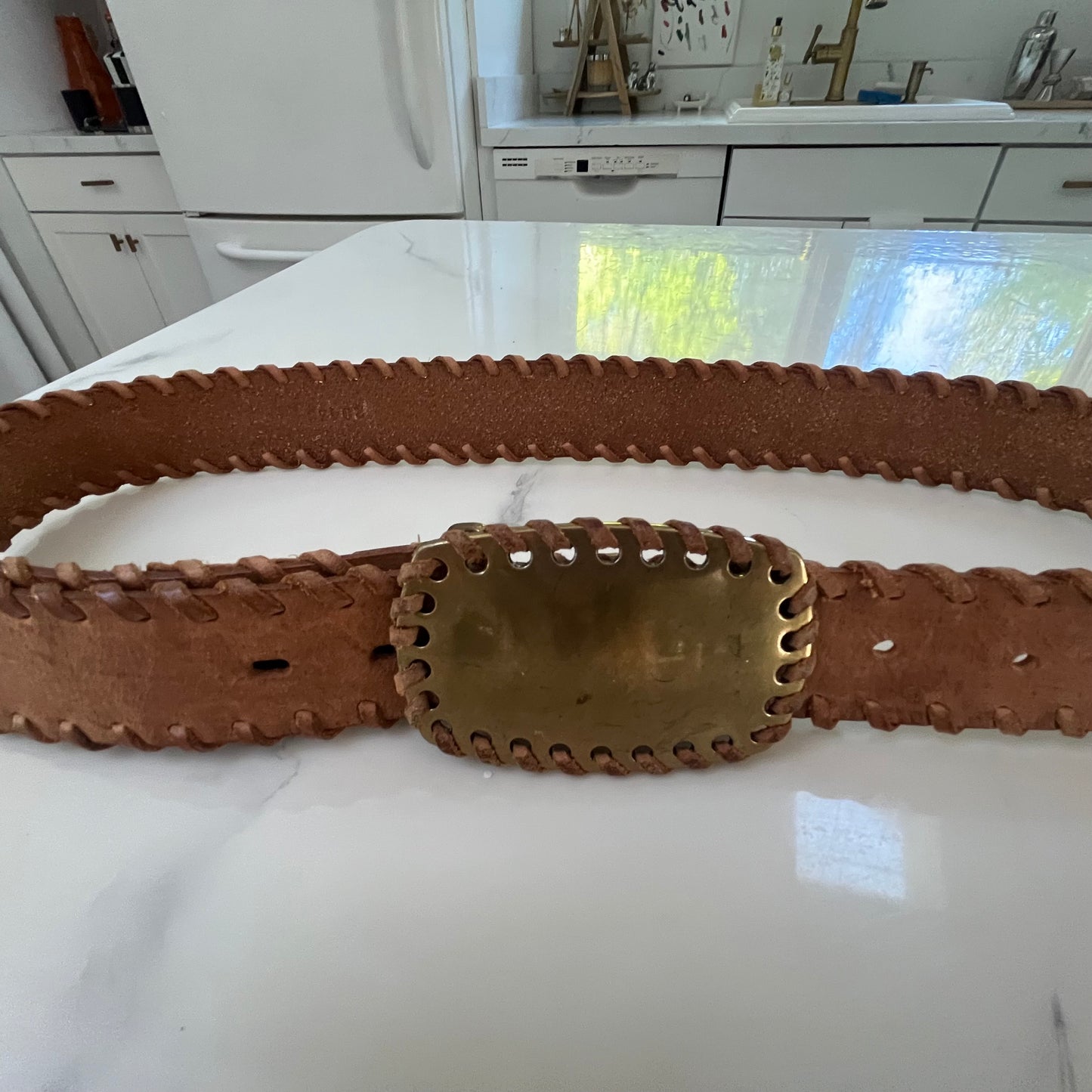 Vintage Tan Leather Belt with Whipstitch Detail & Gold Buckle