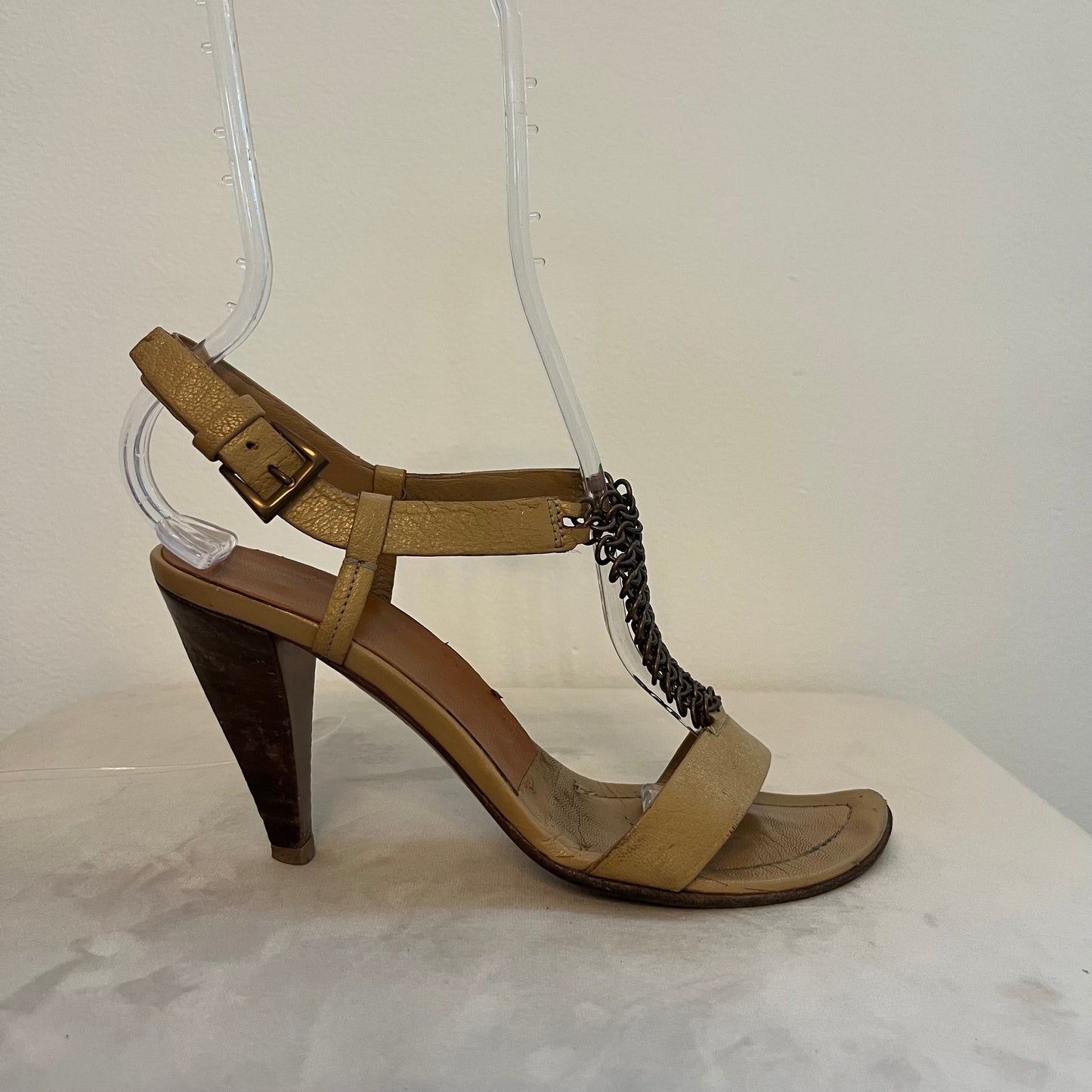 Prada Tan Leather Chainmail High Heeled Sandals - Size 36