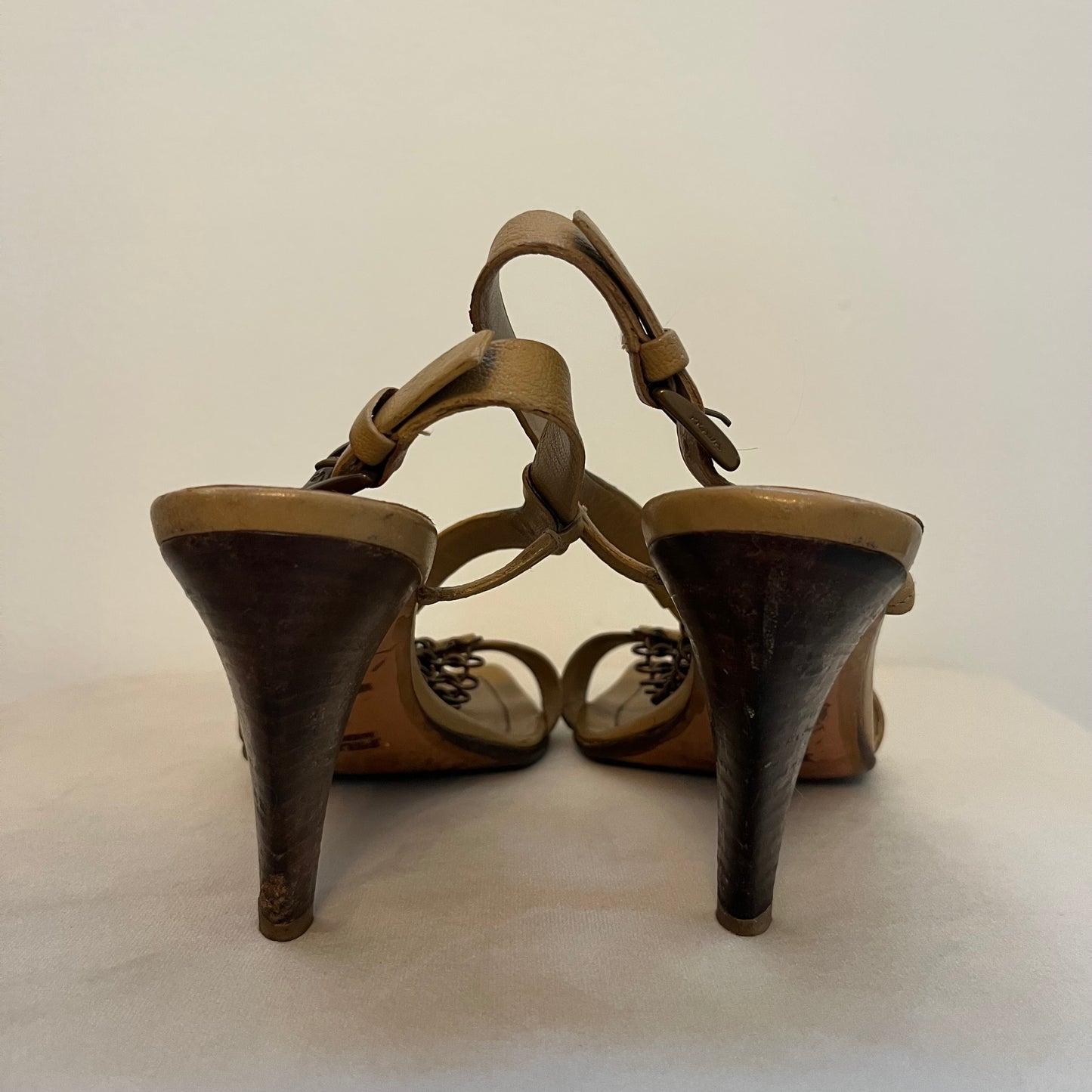 Prada Tan Leather Chainmail High Heeled Sandals - Size 36