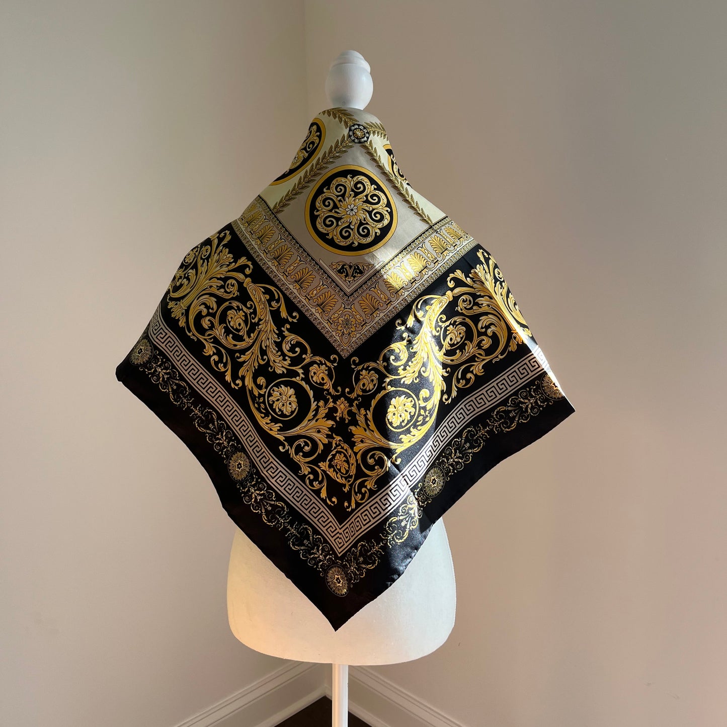 Medallion Motif Black & Gold Silk Scarf
