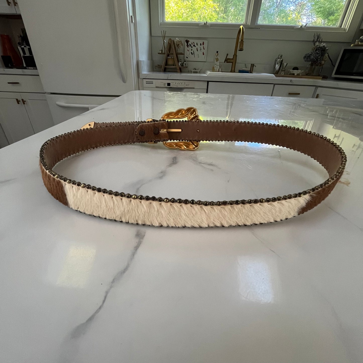 Cream and Tan Pony-hair Belt with Gold Buckle