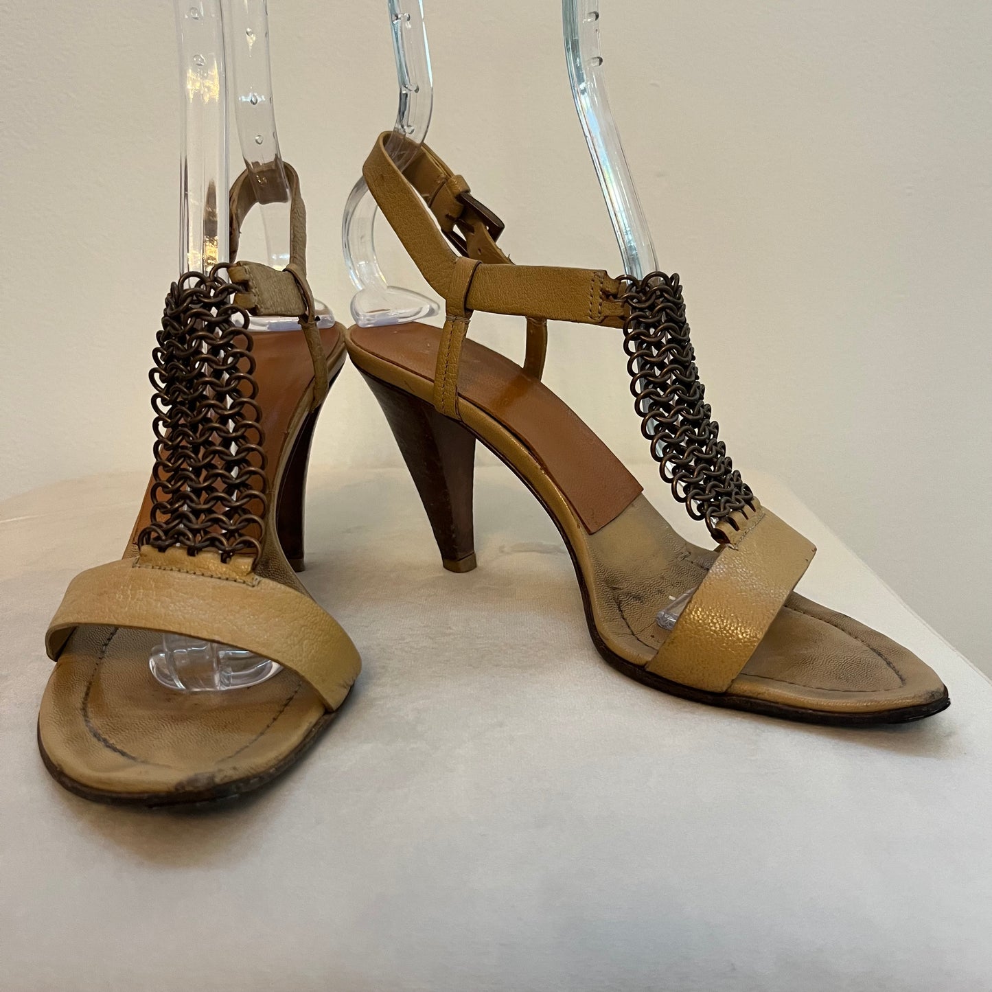 Prada Tan Leather Chainmail High Heeled Sandals - Size 36
