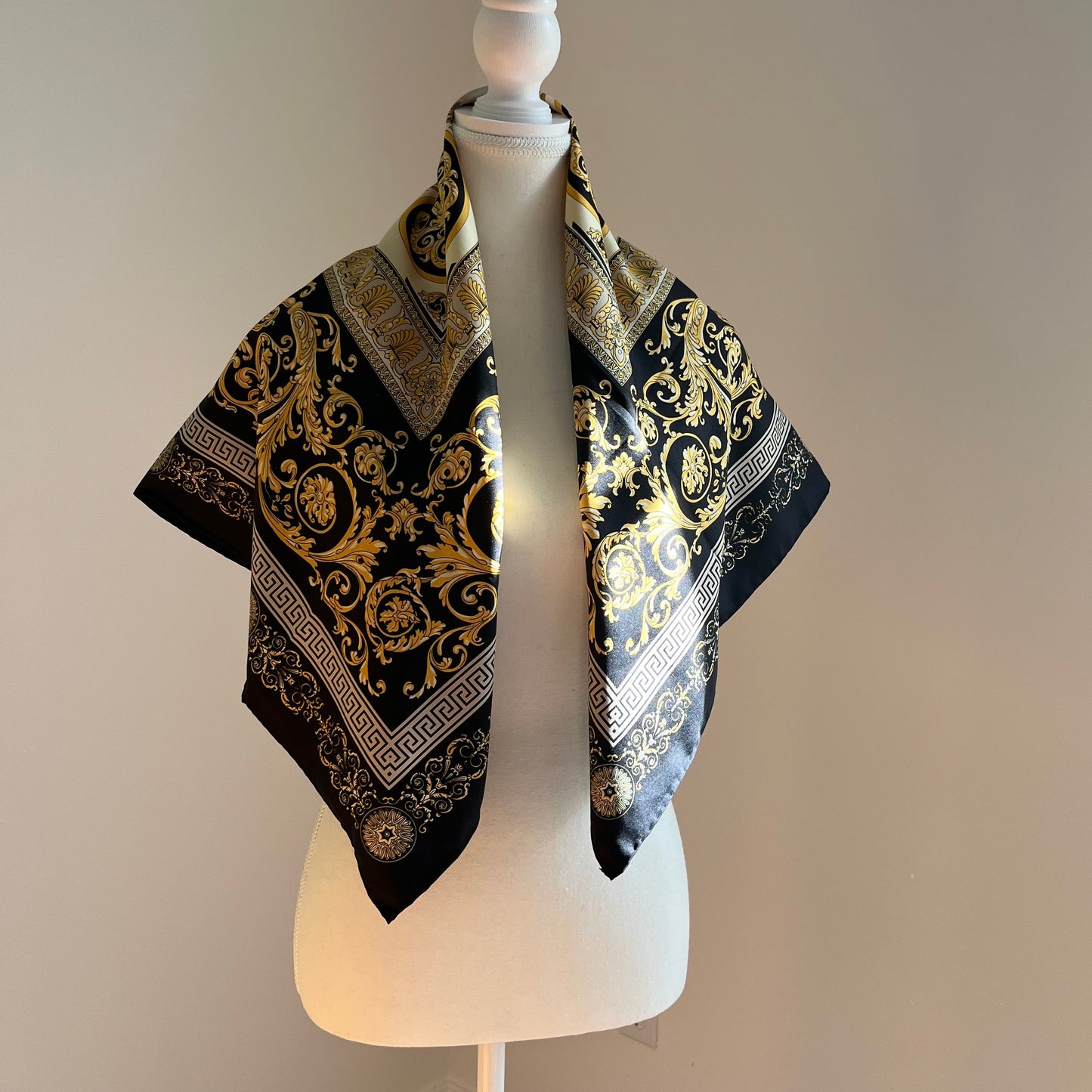 Medallion Motif Black & Gold Silk Scarf