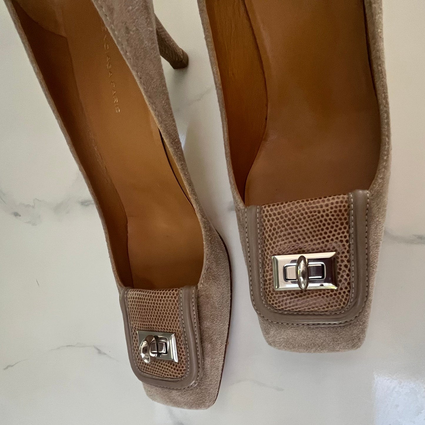 Balenciaga Tan Suede Square Toe Pumps - 38