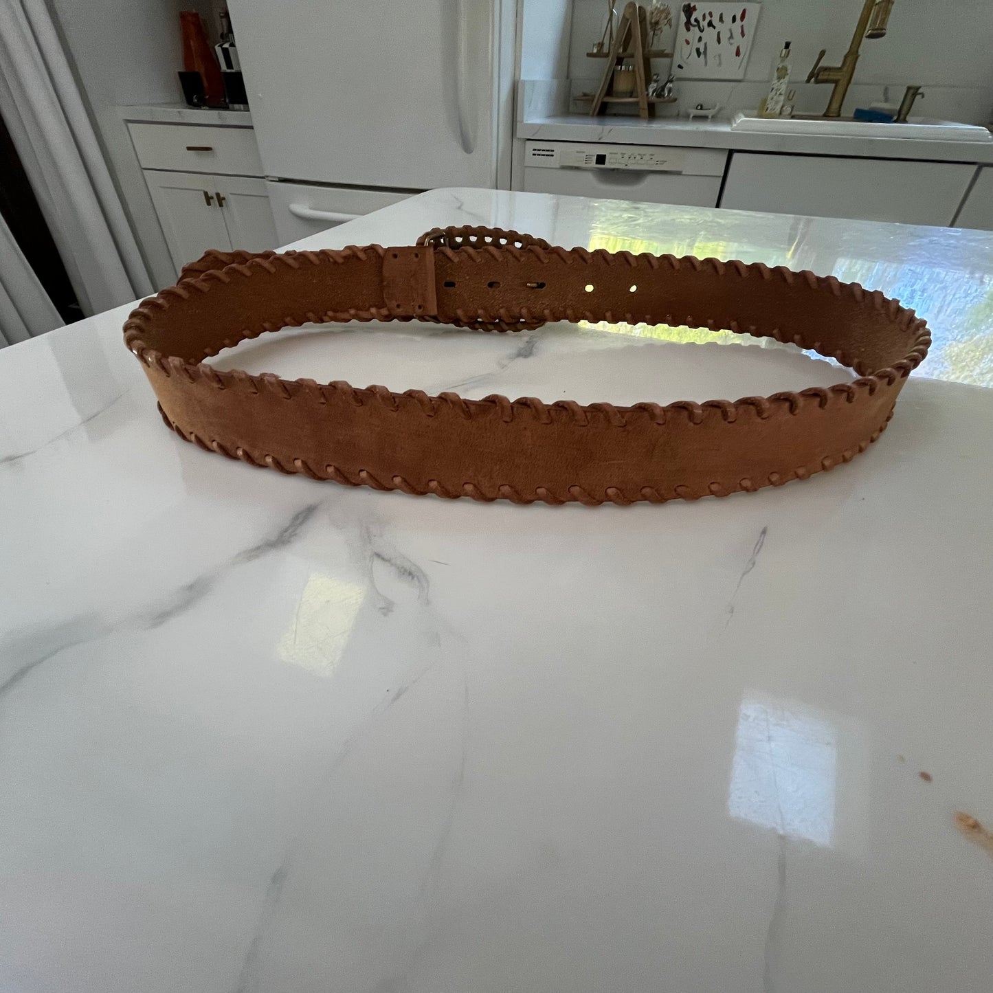 Vintage Tan Leather Belt with Whipstitch Detail & Gold Buckle