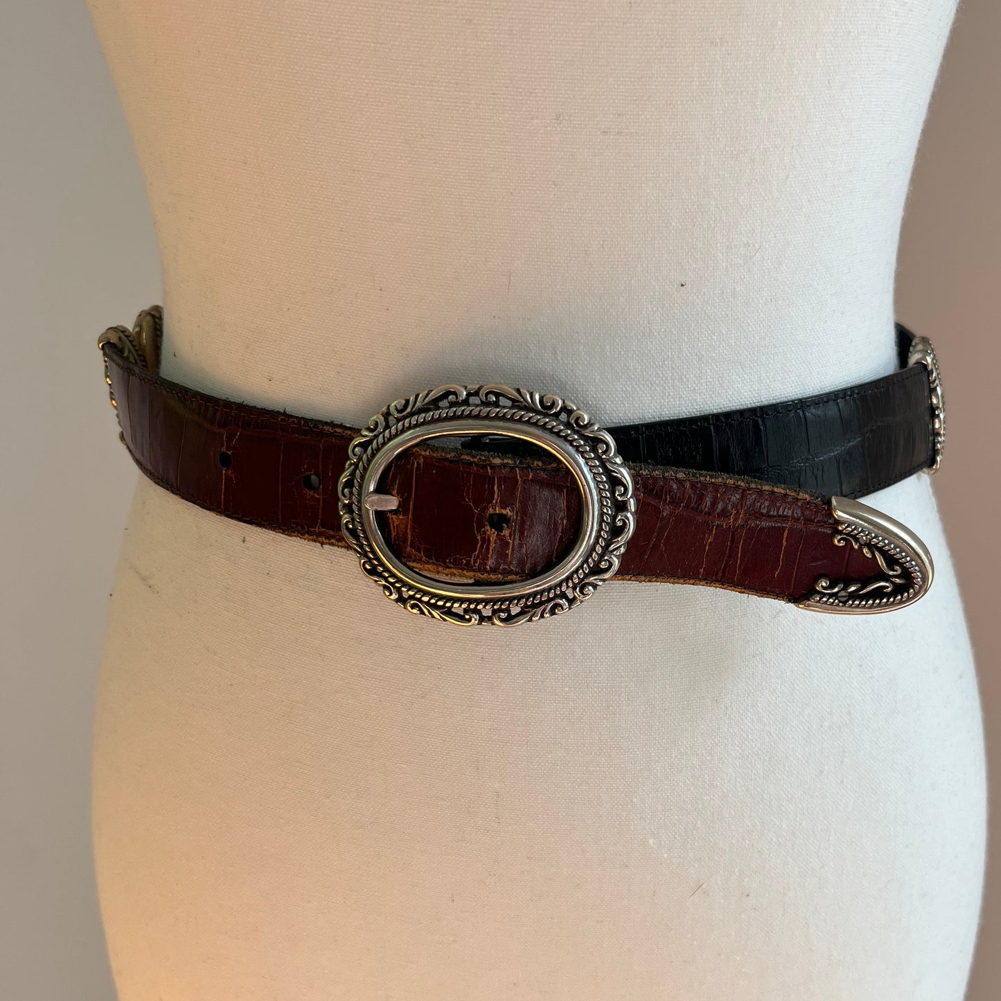 Brighton Reversible Leather Belt in Brown & Black with Ornate Buckle - XS