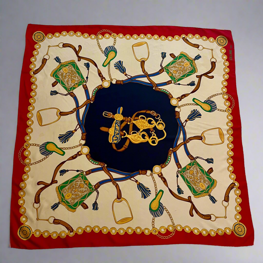 Vintage 1980's CELINE 33" Silk Scarf with Equestrian Motif