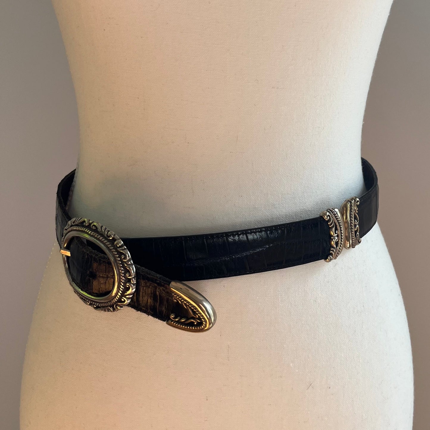 Brighton Reversible Leather Belt in Brown & Black with Ornate Buckle - XS