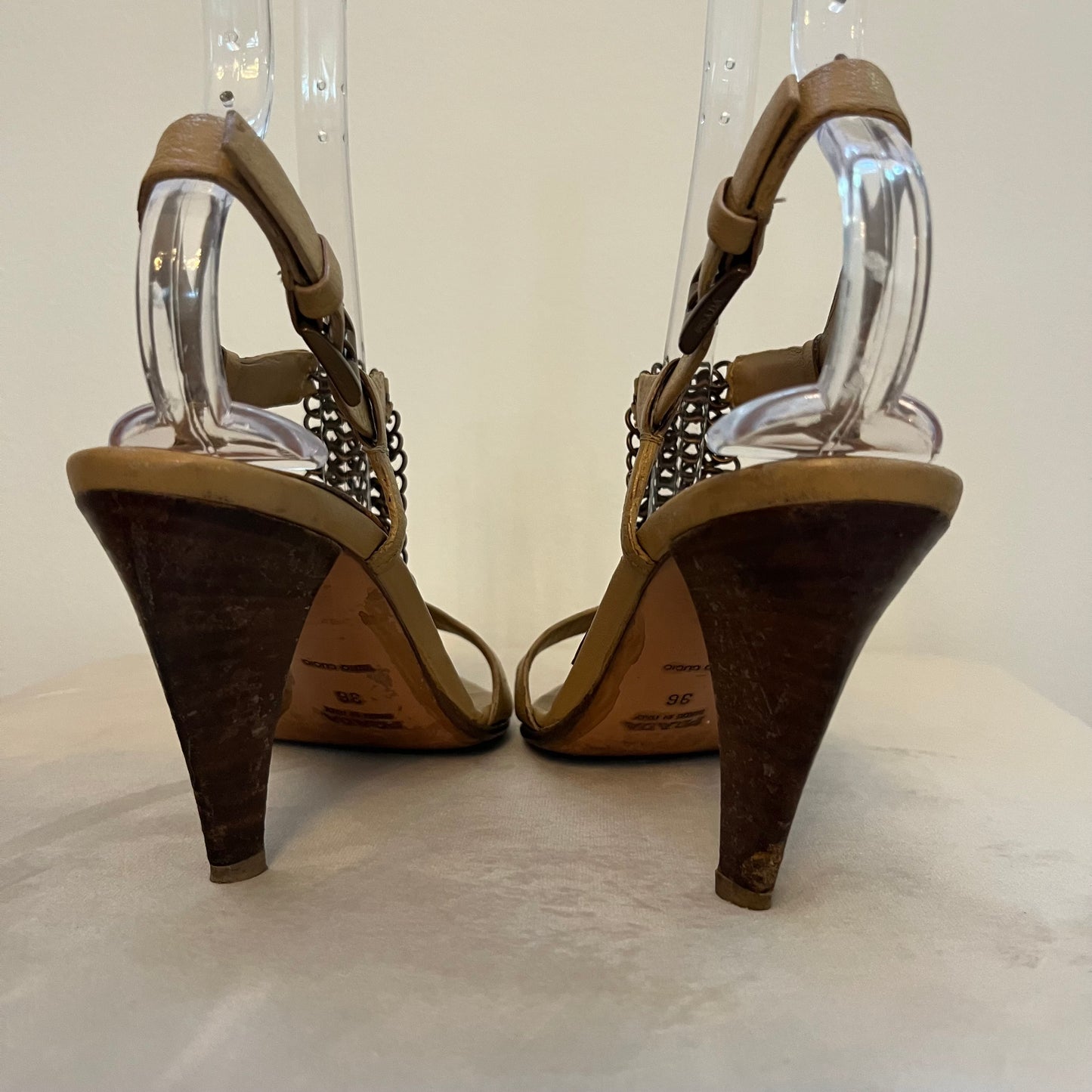 Prada Tan Leather Chainmail High Heeled Sandals - Size 36