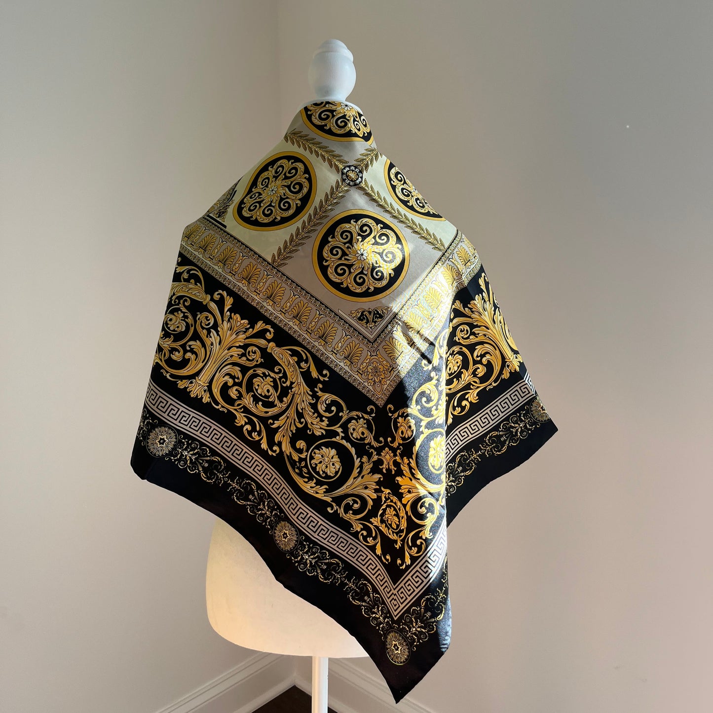 Medallion Motif Black & Gold Silk Scarf
