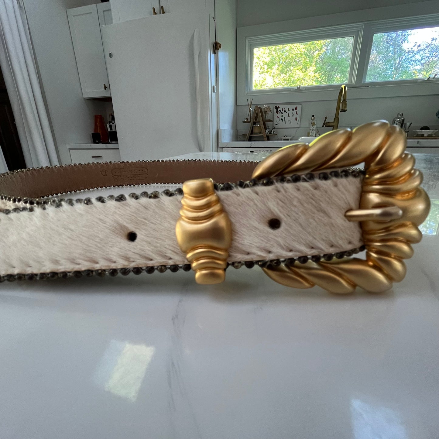 Cream and Tan Pony-hair Belt with Gold Buckle