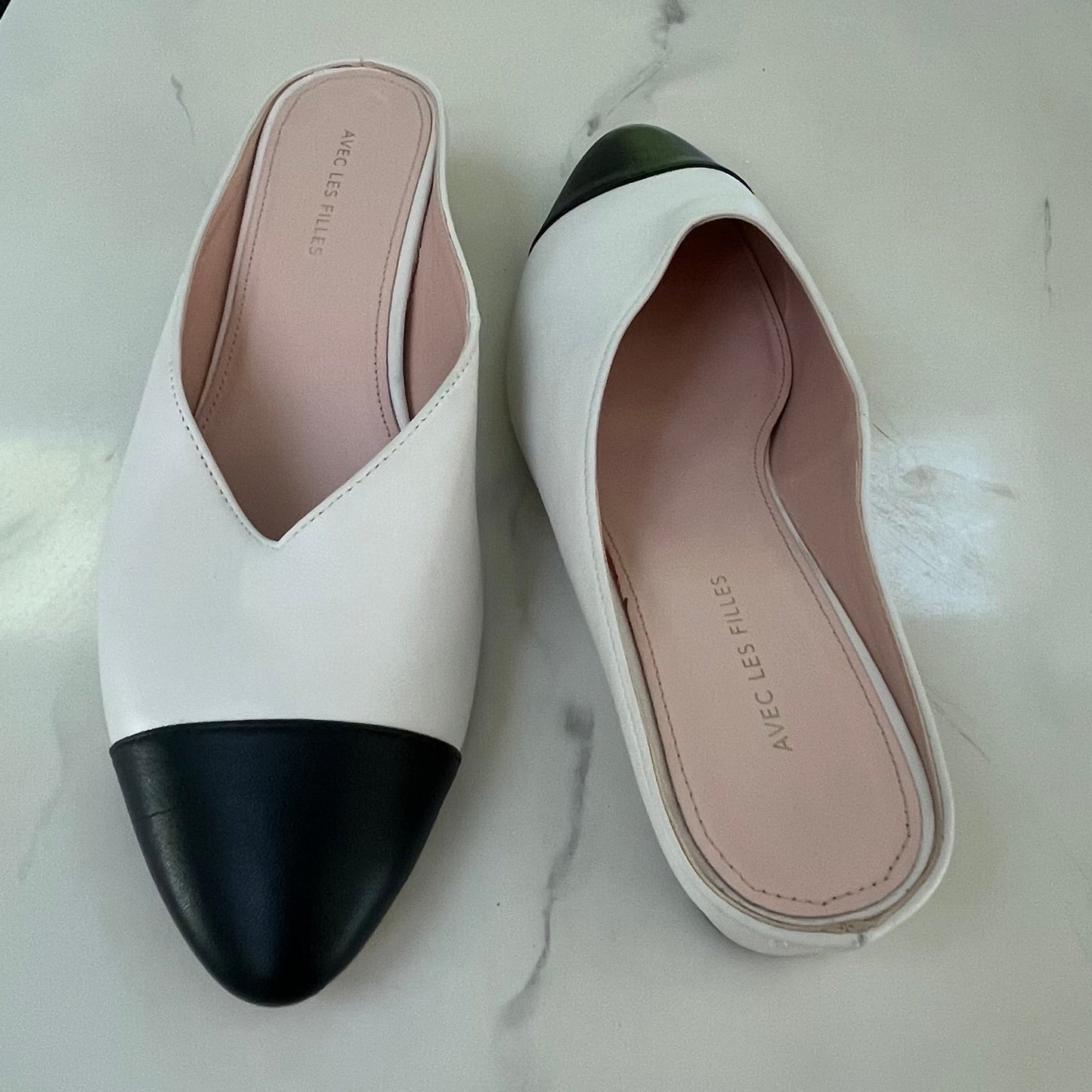 Avec Les Filles Ivory & Black Wedge Mules - 38