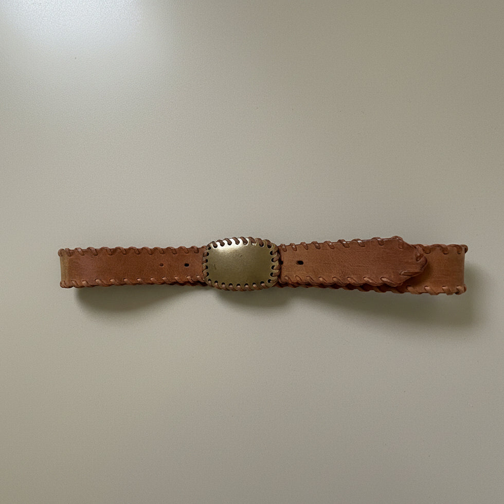 Vintage Tan Leather Belt with Whipstitch Detail & Gold Buckle