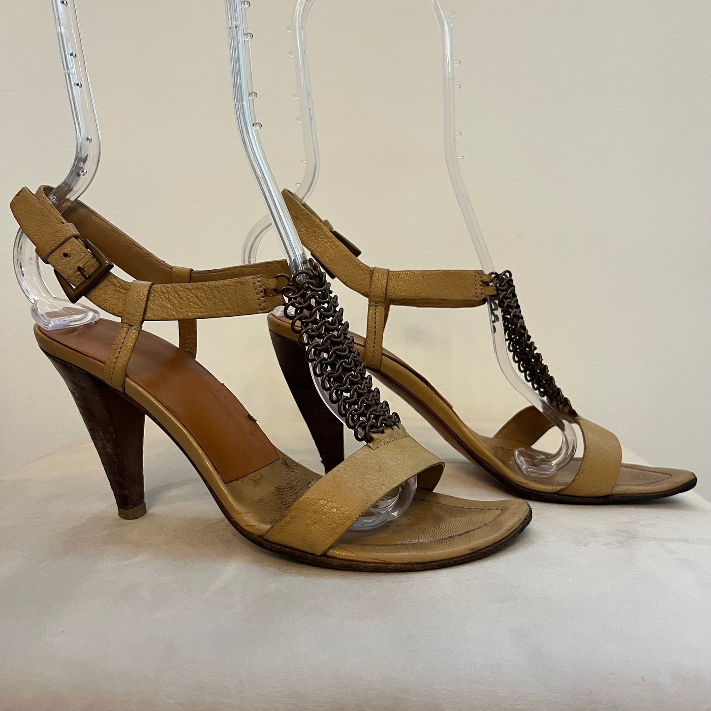 Prada Tan Leather Chainmail High Heeled Sandals - Size 36