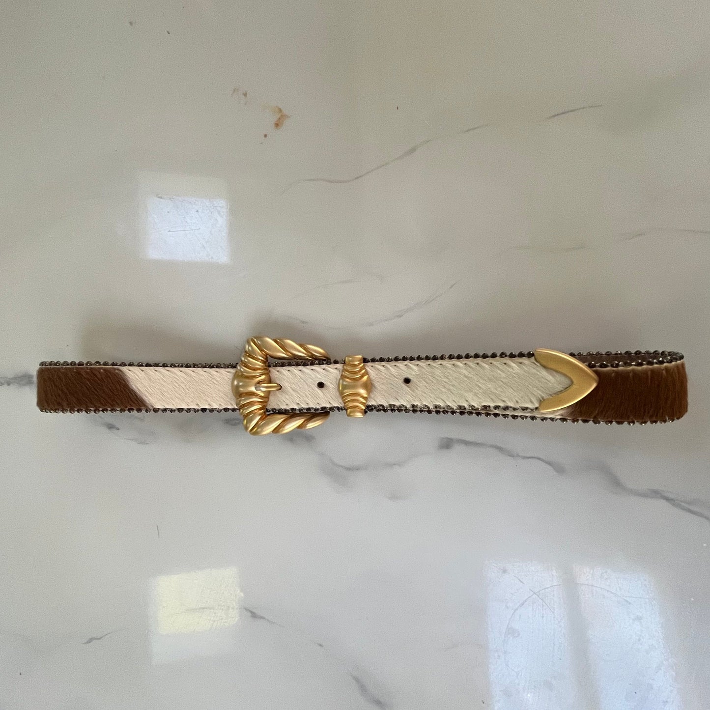 Cream and Tan Pony-hair Belt with Gold Buckle