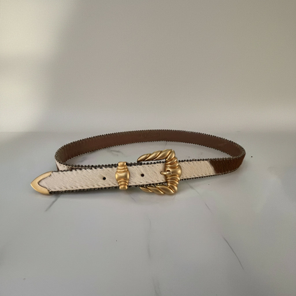 Cream and Tan Pony-hair Belt with Gold Buckle