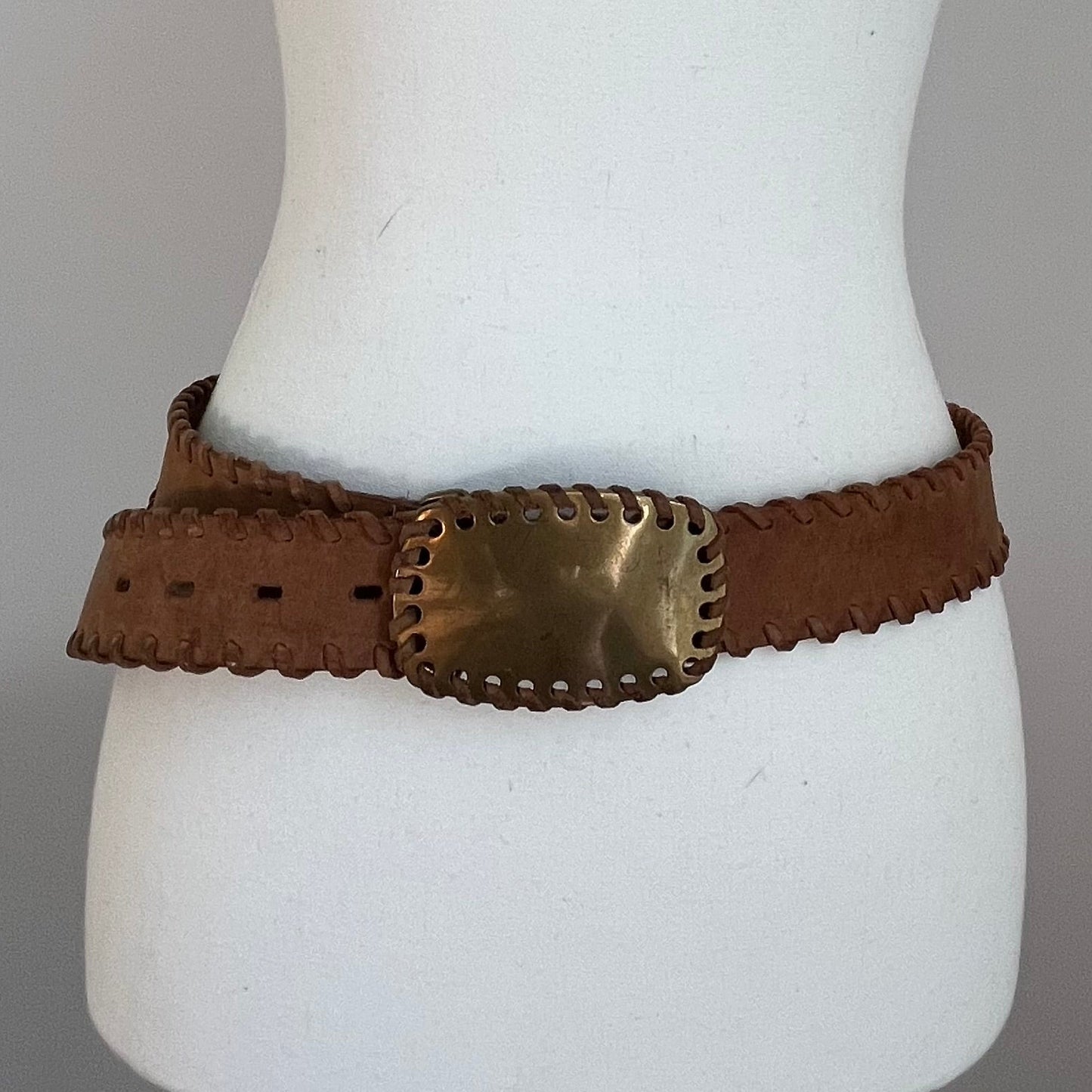 Vintage Tan Leather Belt with Whipstitch Detail & Gold Buckle