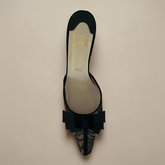 Christian Louboutin Black Lace and Satin High Heel Mules - Size 38