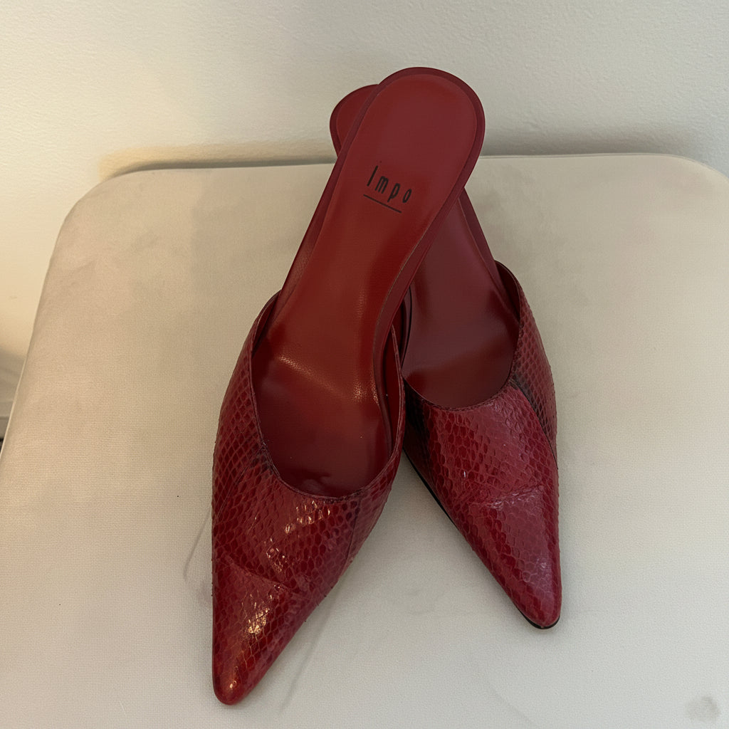 Impo Genuine Snakeskin Leather Red Mule Heels - Size 9 (Run Small)