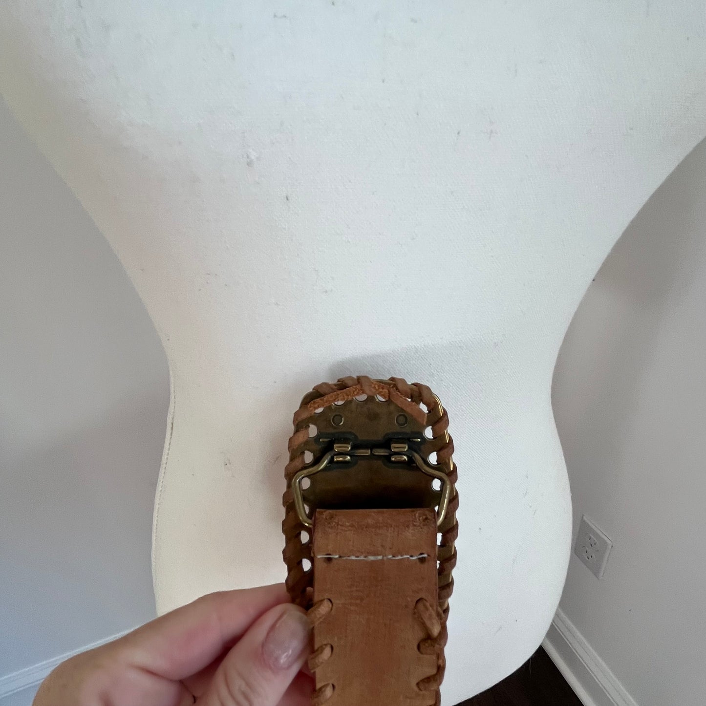 Vintage Tan Leather Belt with Whipstitch Detail & Gold Buckle