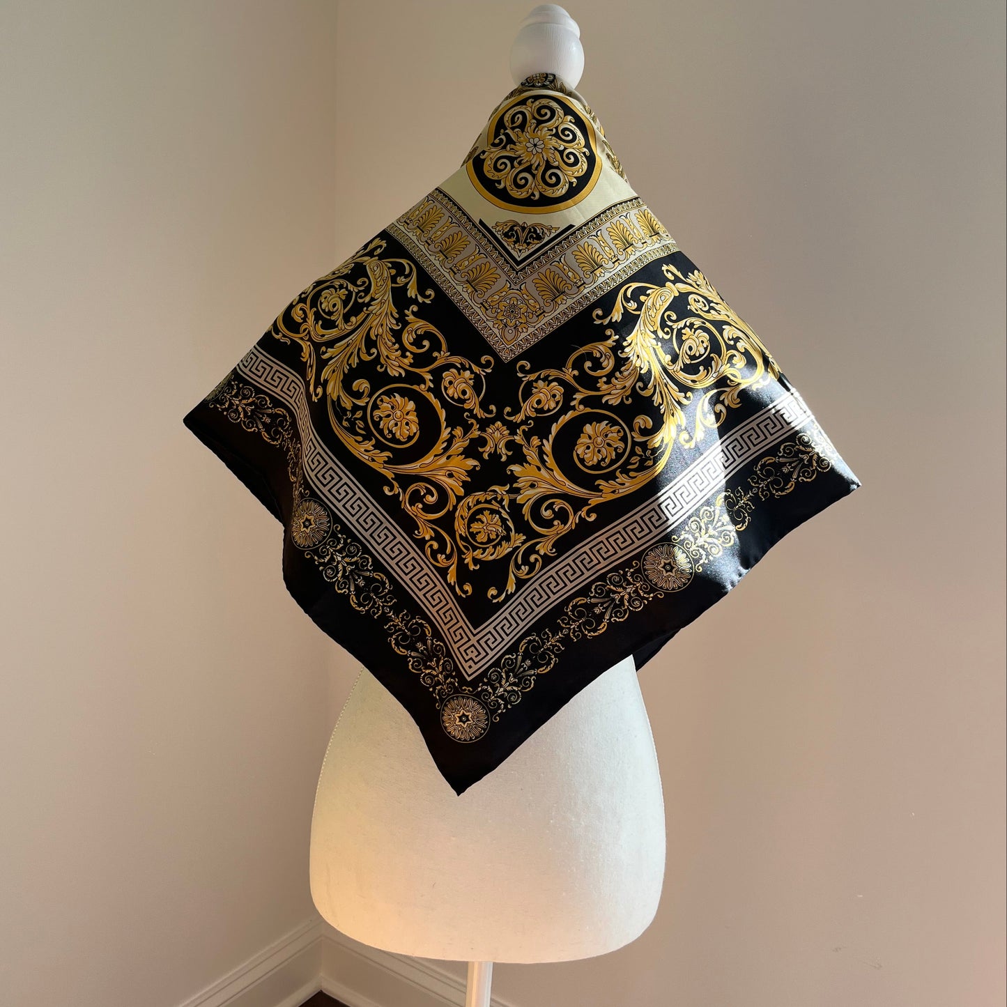 Medallion Motif Black & Gold Silk Scarf