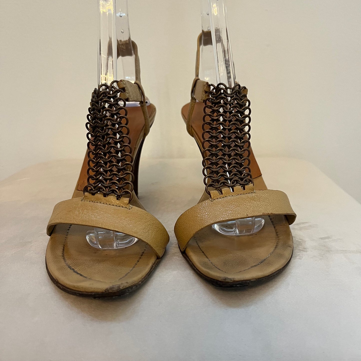 Prada Tan Leather Chainmail High Heeled Sandals - Size 36