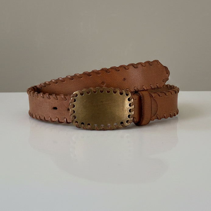 Vintage Tan Leather Belt with Whipstitch Detail & Gold Buckle