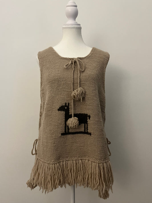The J. Peterman Company Sleeveless Alpaca Wool Sweater w Side Ties & Fringe - Small