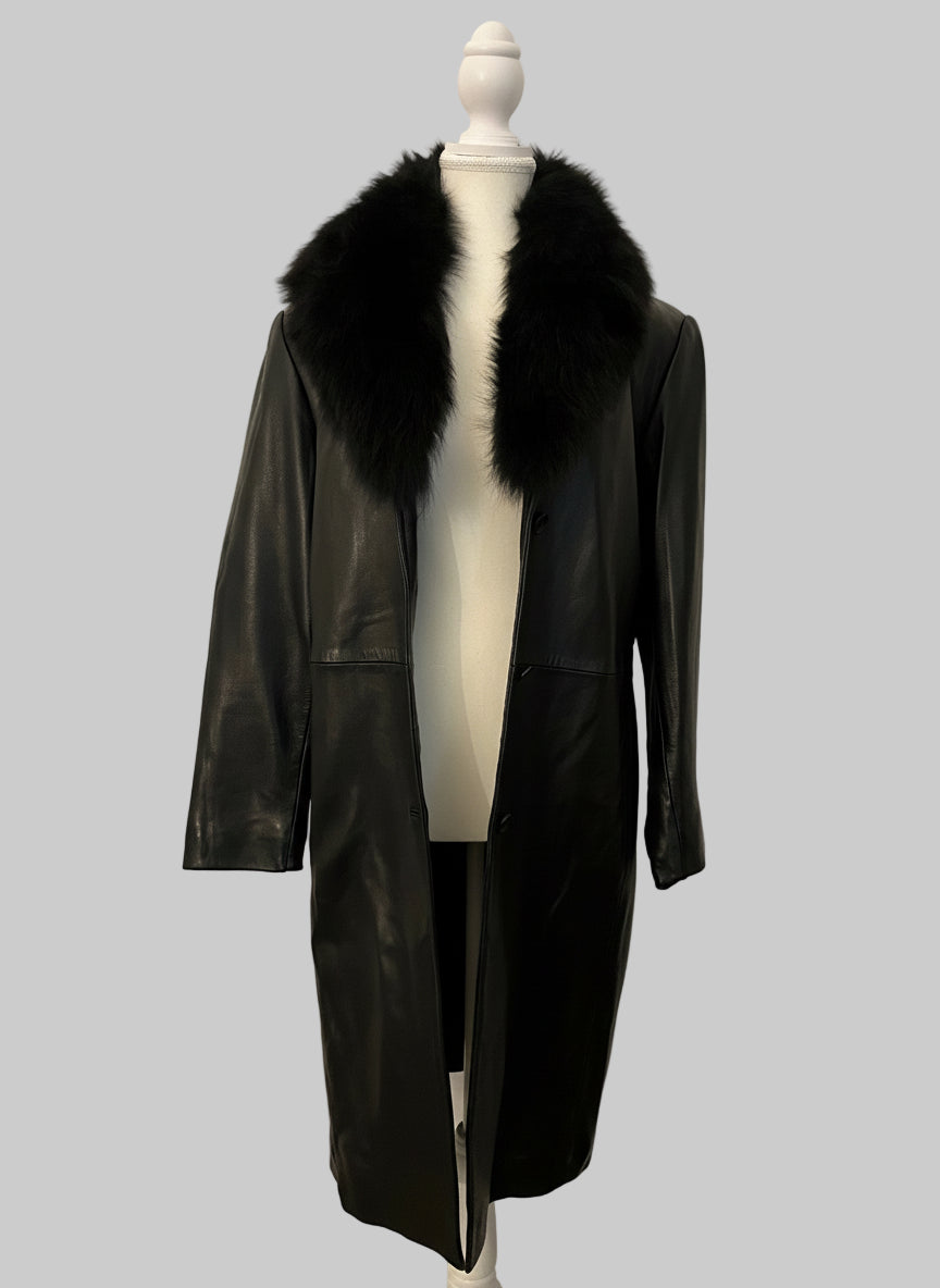 Vintage Andrew Marc Marc New York Black Leather Coat with Removeable Fox Fur Trim - Small