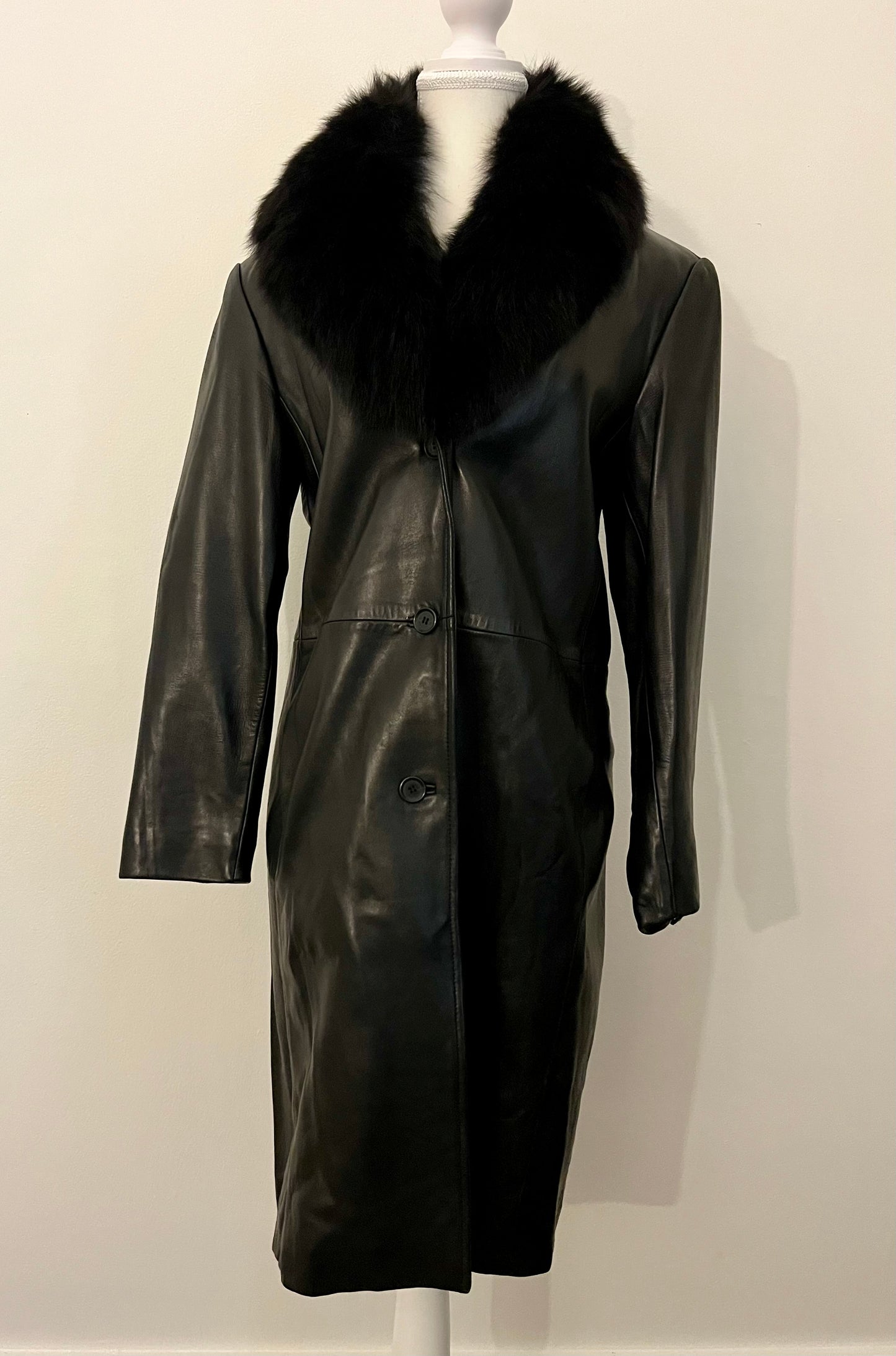 Vintage Andrew Marc Marc New York Black Leather Coat with Removeable Fox Fur Trim - Small