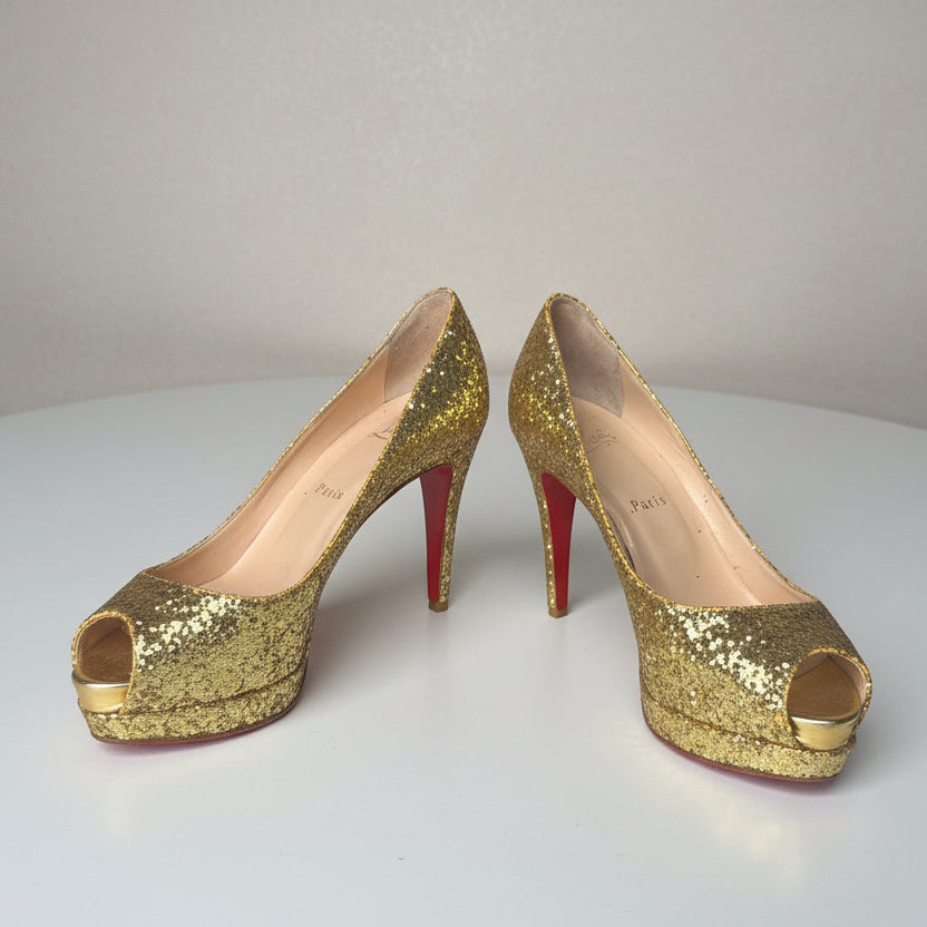 Christian Louboutin Altadama 100 Gold Glitter Platform Peep-Toe Heels - Size 37.5