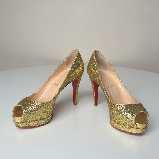 Christian Louboutin Altadama 100 Gold Glitter Platform Peep-Toe Heels - Size 37.5