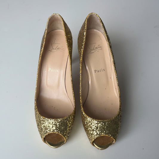 Christian Louboutin Altadama 100 Gold Glitter Platform Peep-Toe Heels - Size 37.5