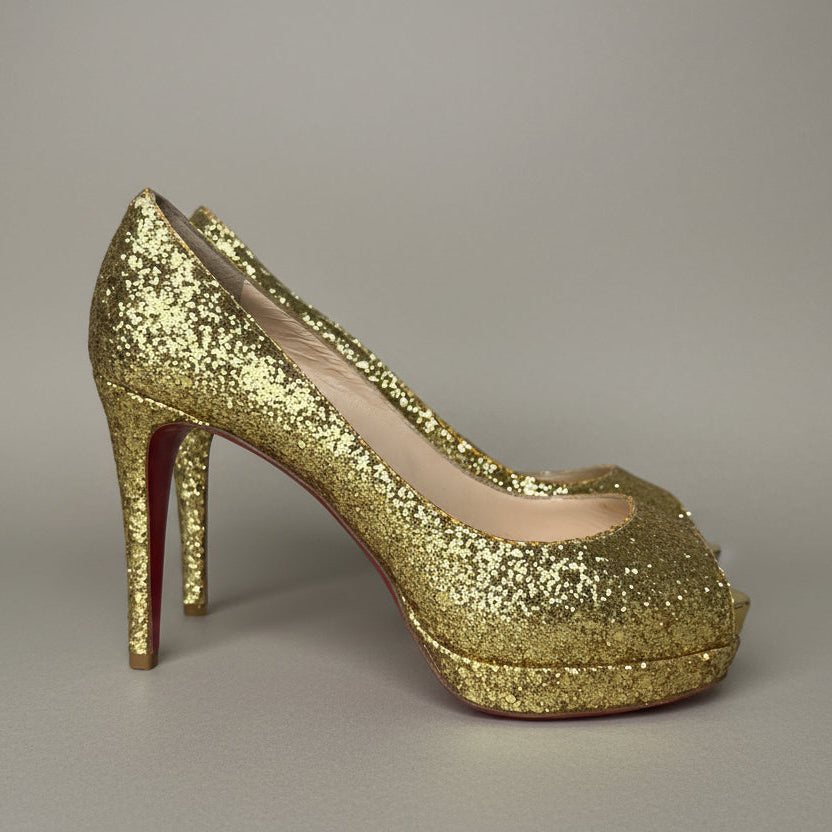 Christian Louboutin Altadama 100 Gold Glitter Platform Peep-Toe Heels - Size 37.5
