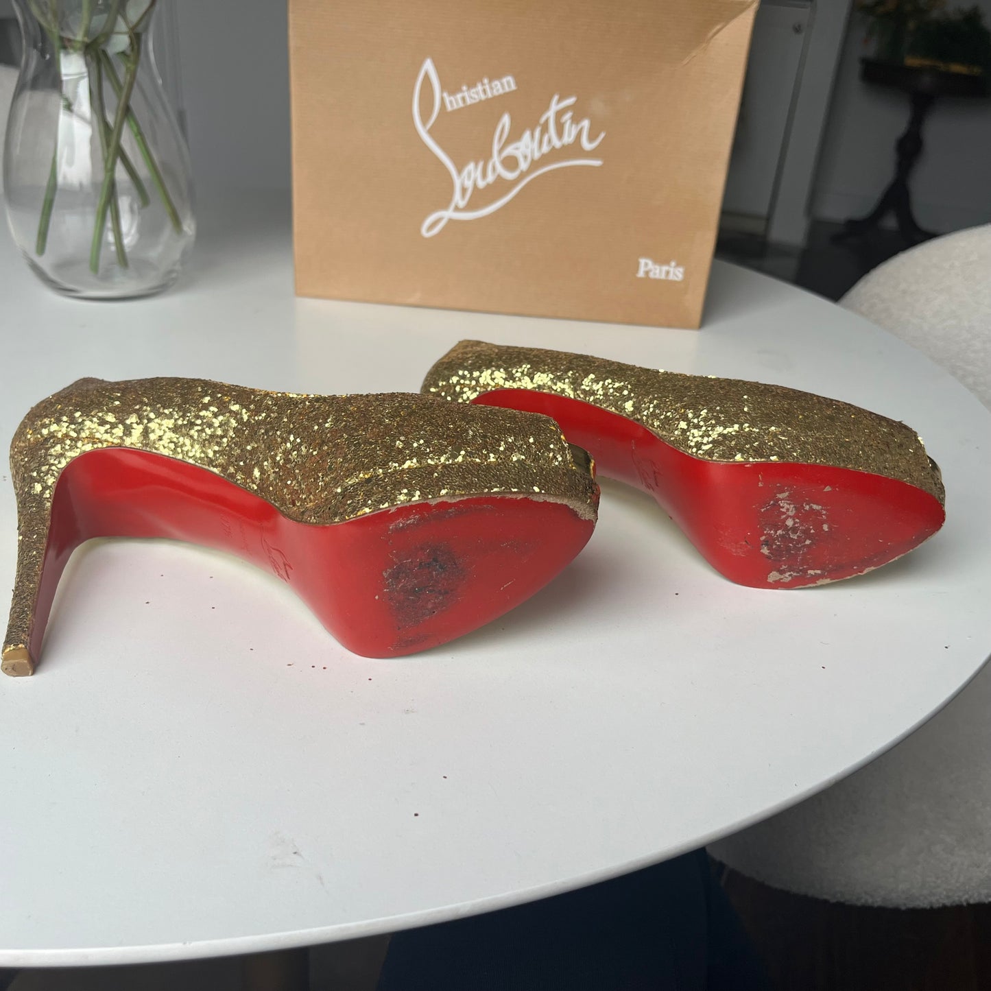 Christian Louboutin Altadama 100 Gold Glitter Platform Peep-Toe Heels - Size 37.5